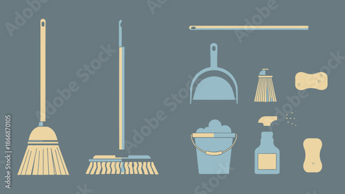 Cleaning Supplies Icon Set: Broom, Dustpan, Bucket, Sprayer, Sponges