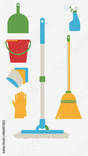 Colorful Cleaning Tools and Supplies Set: Mop, Broom, Bucket, Gloves, Sprayer