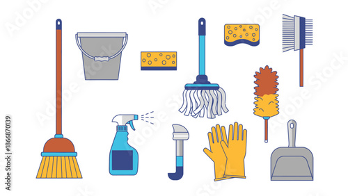 Cleaning Supplies Set: Broom, Mop, Bucket, Gloves, Sprayer, Dustpan, Duster, Brushes, Sponges