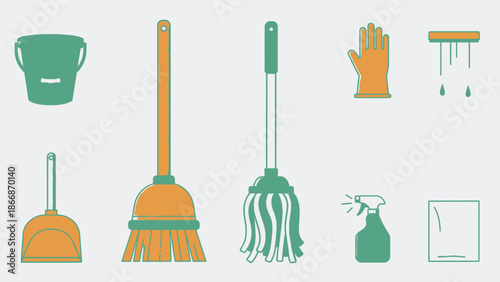 Cleaning Supplies Flat Icons Set: Broom, Mop, Bucket, Gloves, Dustpan, Spray Bottle