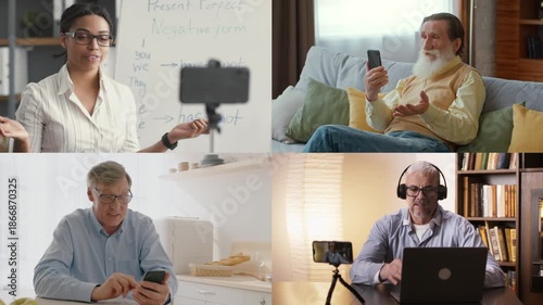 A collection of people engaged in video calls using smartphones. They are in various locations, including homes and classrooms, discussing and interacting in real-time.