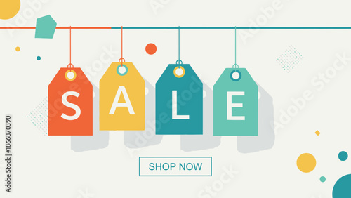 Colorful Sale Tags with Shop Now Button and Abstract Shapes