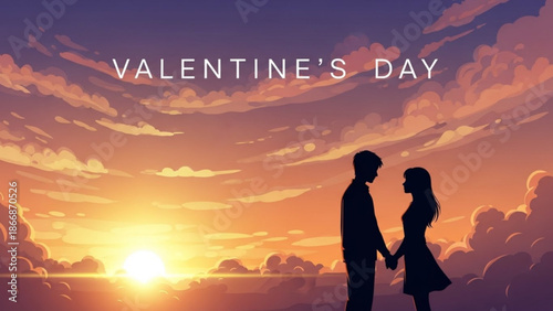 Romantic couple holding hands at sunset on valentine's day with beautiful sky and clouds with valentine s day and love and romance and silhouette
