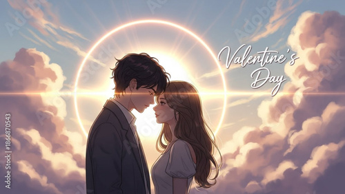 Romantic young couple embracing love on valentine's day with sunny sky background and clouds with Valentine s Day and adult and romance and illustration