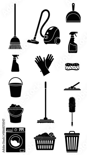 Cleaning Supplies and Equipment Icons: Broom, Vacuum, Mop, Bucket, Gloves, Sprays