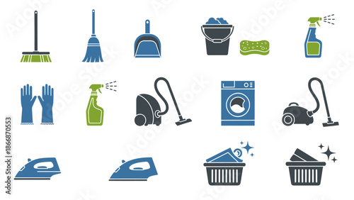Cleaning Supplies Icons Set: Broom, Vacuum, Bucket, Detergent, Laundry, Iron