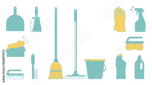 Cleaning Supplies Icon Set: Mop, Broom, Dustpan, Bucket, Sprayer, Gloves