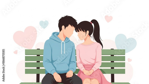 Young couple sitting on green bench with hearts around them in pastel colors with love and romance and relationship and affection and intimacy