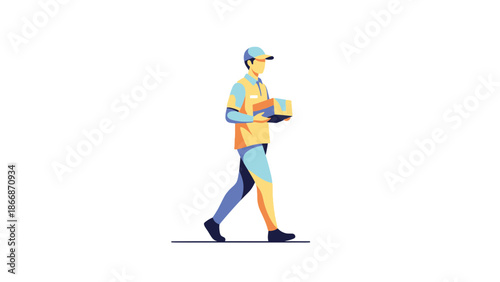 Man walking while using a tablet in a simple illustration style