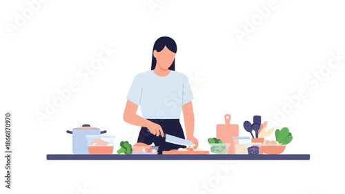 Woman preparing a meal in a kitchen surrounded by various cooking utensils and ingredients