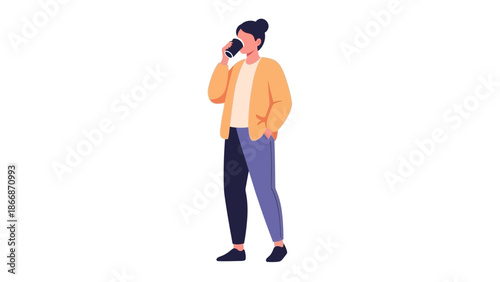 A man standing while talking on a mobile phone, illustration of a person in casual clothing