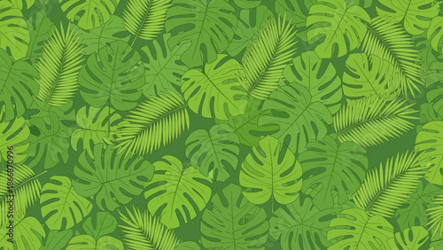 Vibrant green tropical leaf pattern with monstera leaves on a white background