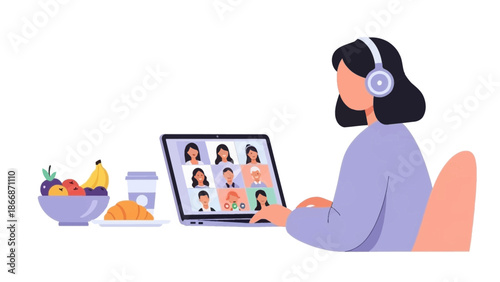Woman participating in online video conference with multiple participants displayed on her tablet