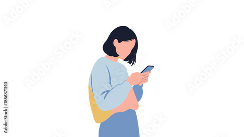 A young woman stands alone, engrossed in her mobile device, in a simple, minimalist environment, viewed from the side.