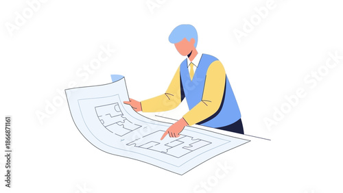 Man Examining Architectural Blueprint on Large Sheet of Paper