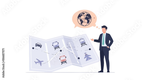 Businessman planning journey on large map with various transport icons