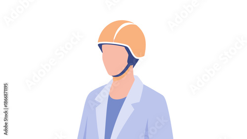 A person wearing a helmet and a lab coat standing against a white background viewed from the front