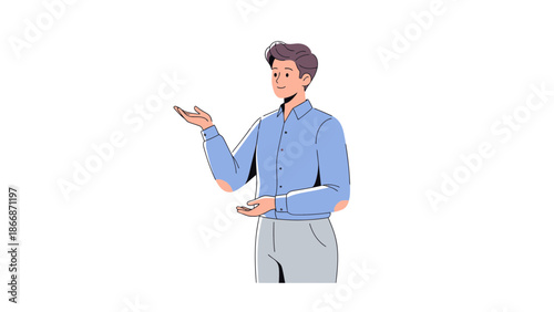 Illustration of a man gesturing while holding a tablet in a casual stance