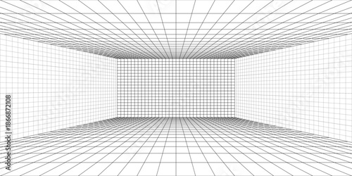 Perspective grid background 3d Vector illustration. Interior design Model projection background template. Line one point perspective