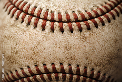 Close-Up of Worn Baseball with Red Stitches Showing Texture and Detail