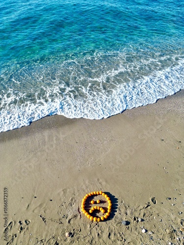 Beach, sea photo shoot with an orange smiley face. Oranges beach ocean.High quality photo