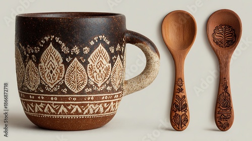 Handcrafted ceramic mug and wooden spoons with leaf designs
