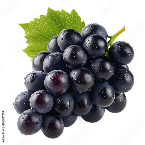 A close-up image of a cluster of ripe, dark purple grapes with a few green leaves. The grapes are glistening with water droplets, indicating freshness.
