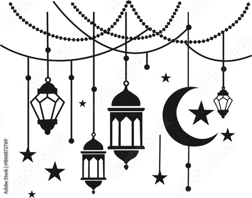 Minimal black and white silhouette style with suspended lanterns, crescent moon and star symbols, and abstract garland elements
