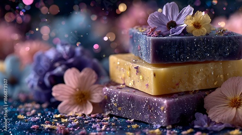 Artisanal soap bars with flowers on top for luxury spa