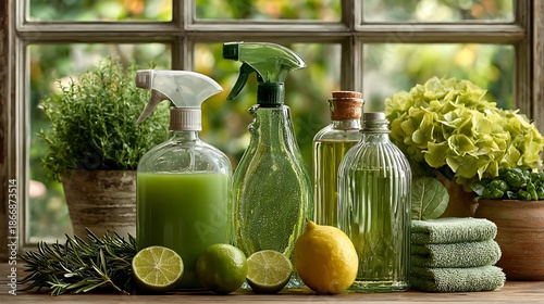 Natural cleaning products with lemons and plants on a wooden table