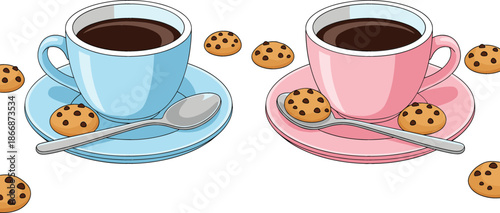 Blue and pink ceramic coffee cups with saucers spoons and chocolate chip cookies vector illustration for breakfast cafe menu and break time concept.