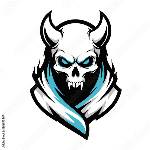 A menacing horned skull with glowing blue eyes and fangs, depicted in a stylized esports or gaming logo design.