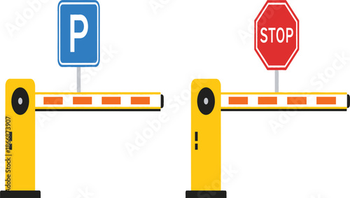 Yellow automatic boom barrier gates with blue parking sign and red stop sign icons for car park entrance and traffic control management vector illustration.