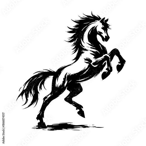 A black silhouette of a rearing horse with a flowing mane and tail silhouette animal equine stallion strong powerful dynamic art illustration design graphic icon