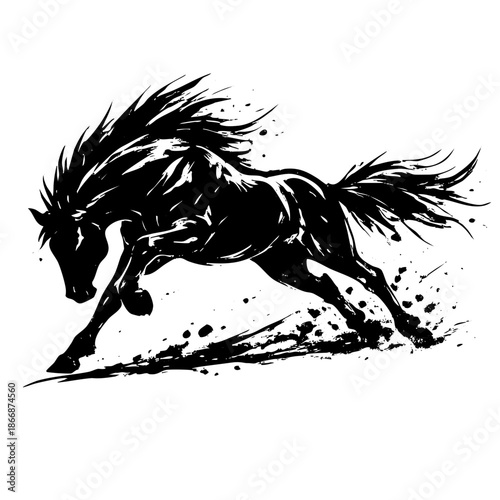 Black silhouette of a running horse with flowing mane and tail silhouette animal equestrian art illustration design graphic speed motion dynamic strong powerful wild free