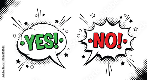 Comic book style yes and no speech bubble vector set with halftone pop art effects and stars for voting decision feedback and communication design.