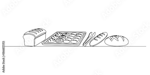 Continuous one line of a bakery with bread, tray, and tongs, drawn vector illustration.