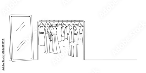 Continuous one line of a clothing boutique rack with hanging clothes and a mirror, fashion retail, drawn vector illustration.