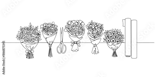 Quadro su tela Continuous one line of a flower shop with bouquets, scissors, and wrapping paper, drawn vector illustration