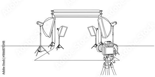 Continuous one line of a photography studio, creative production, drawn vector illustration.