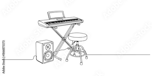 Continuous one line of a music studio with keyboard, bench, and speakers, drawn vector illustration.