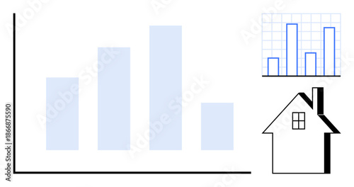 Real estate analysis, property investment, housing data, market trends, financial reporting, economic insights. Bar graph with varying heights alongside a house symbol. Real estate analysis