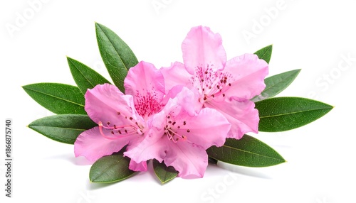 Pink Rhododendron Flowers with Green Leaves Isolated on White Background.
