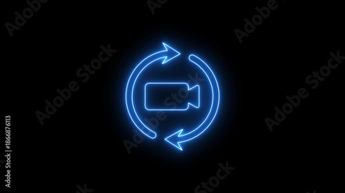 Blue Neon Video Camera Icon with Circular Arrows on Black Background symbol record