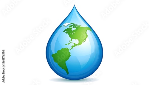 Planet Earth globe contained within a single blue water droplet.