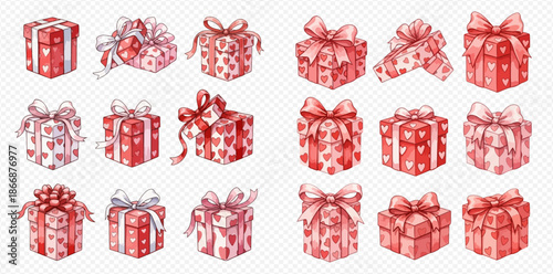 Collection of watercolor gift boxes with heart patterns and bows for Valentine's Day celebrations.