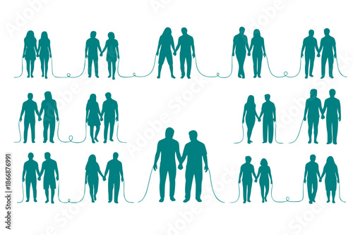 Personalized couple illustration silhouettes showing different body types, customizable figures holding hands, matching pairs with organic flowing lines, contemporary relationship diversity aesthetic 