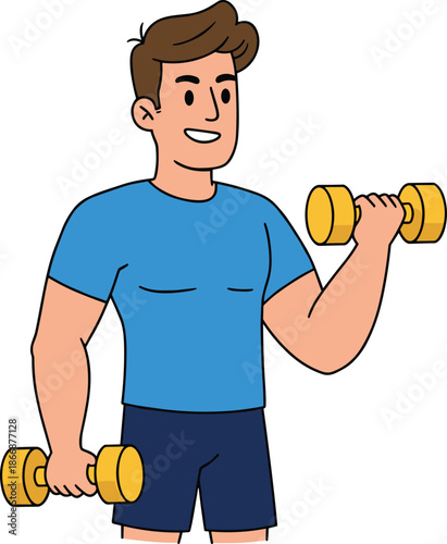 Cartoon vector illustration of young man exercising with dumbbells, fitness training, workout, bodybuilding, healthy lifestyle, sports activity, strength exercise.