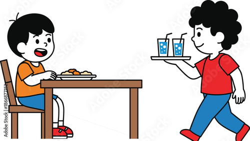 Cartoon Vector of Children Eating and Serving Food and Drinks at Table for Mealtime, Hospitality, Friendship, and Dining Concept Illustration