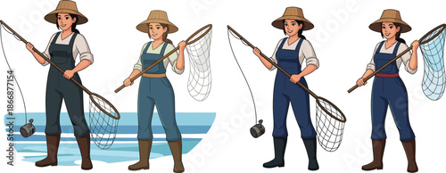 Cartoon women fishing with rods and nets wearing hats and boots, outdoor river fishing adventure, female anglers vector illustration design